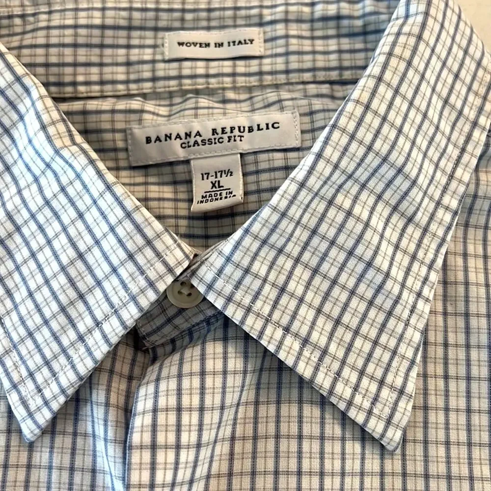 Banana Republic Classic Fit Blue White Plaid Button Down Dress Shirt SZ Men's XL